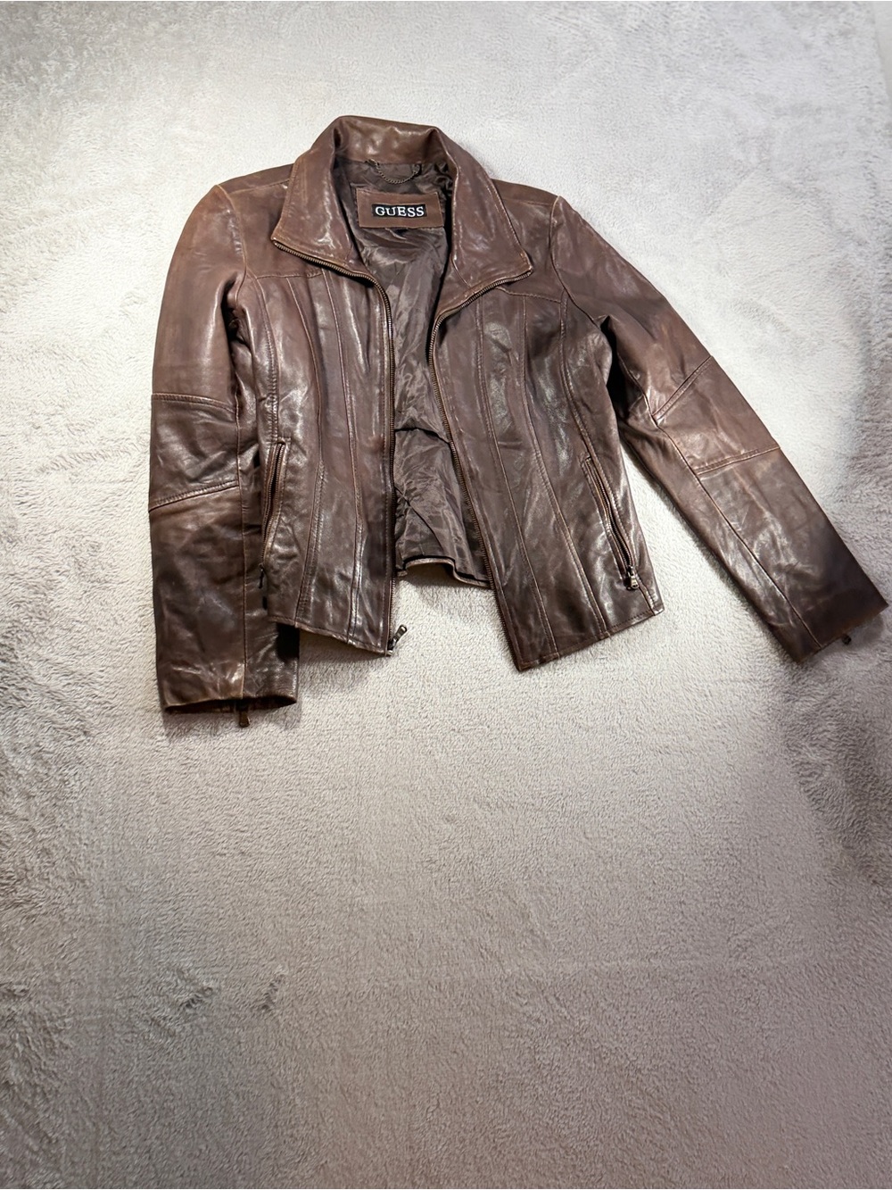Guess Chocolate Brown Leather Bomber Jacket